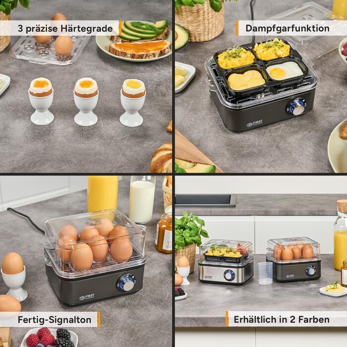 Яйцеварка First Austria TZS Grey - 8 яєць, 4 режими, функція приготування на пару, автовимкнення, захист від перегріву, мірна склянка та формочки для яєць