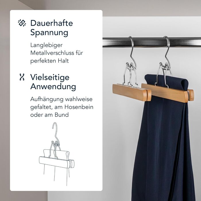 Дерев'яні брючні вішалки SUITS VIENNA, 8 шт, з металевим затискачем, антиковзкі, для тканинних штанів, натуральний колір, 28 см