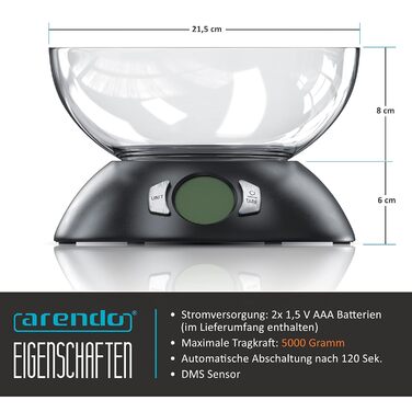 Кухонні ваги Arendo з великою чашею, LCD дисплеєм, функцією тарування та датчиком DMS, 5000 г, батареї в комплекті