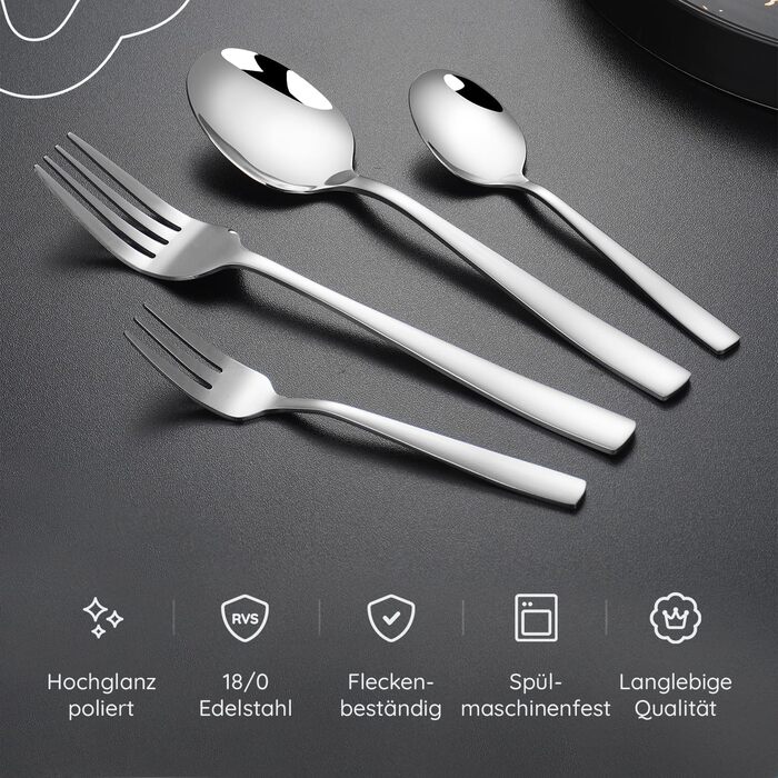 Stainless Steel Cutlery Set 12 Persons Essential with Steak Knives (72-Piece) - Dishwasher Safe, Silver Cutlery, Cutlery Set, Dining Cutlery, Cutlery Set 12 Persons - Table Cutlery for Home/Party