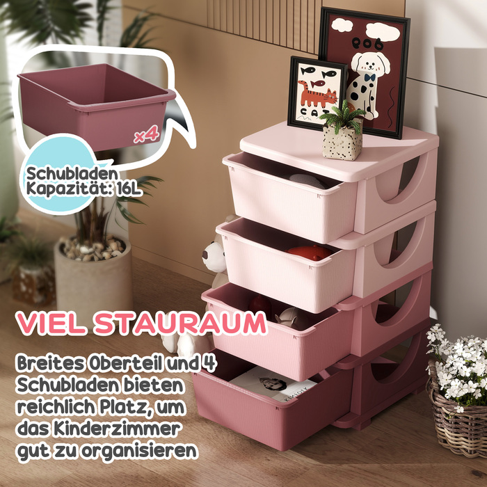HOMCOM Chest of Drawers for Kids' Room, 4-Tier Toy Organizer, Toy Storage, Pink