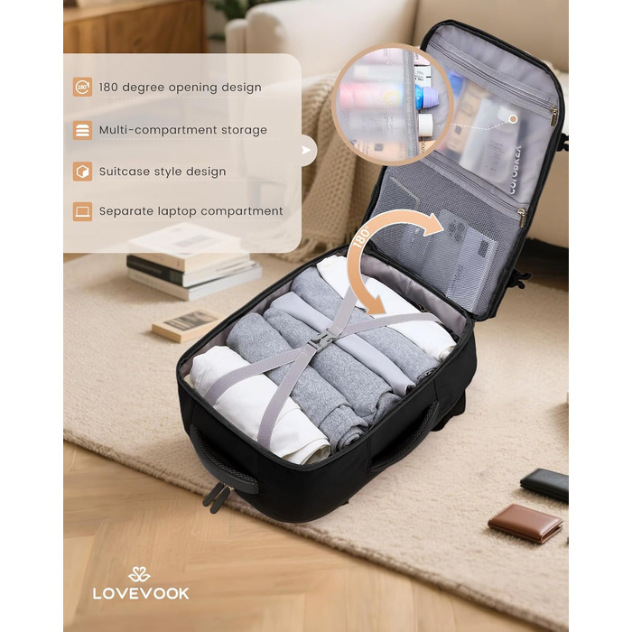 LOVEVOOK Рюкзак для ручної поклажі 40л, чорний, для подорожей, з відділенням для мокрого та сухого, для ноутбука, 45x36x20 см