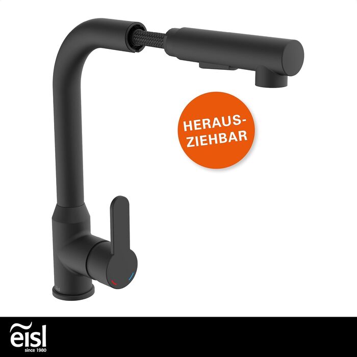 Кран кухонний гнучкий EISL Flexo з нержавіючої сталі/чорний, 360° обертання, високий вилив, шланг Soft-Touch, 2 функції, NI186FLNIB