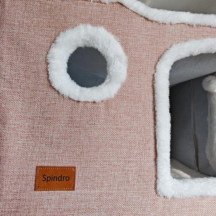 Spindro Cat Cave Cat Bed Large, Cat House Indoor Cat Sleeping Place with Removable Sherpa Cat Cushion and Hanging Toy, Cat Bed, Light Grey 42x42x33cm (2 level (42cmx42cmx33cm), Pink)