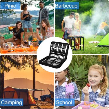 Набір посуду для кемпінгу на 4 особи, 20 предметів: ложки, виделки, ножі, тарілки, кліпси, відкривачка. Набір столових приборів з нержавіючої сталі для пікніків та відпочинку на природі