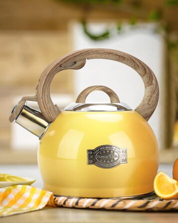 Чайник Teekessel 2.1 л з плитою, чайник з нержавіючої сталі з дерев'ястим малюнком, складаний ручка, підходить для всіх типів плит (Слонова кістка) (Жовтий)