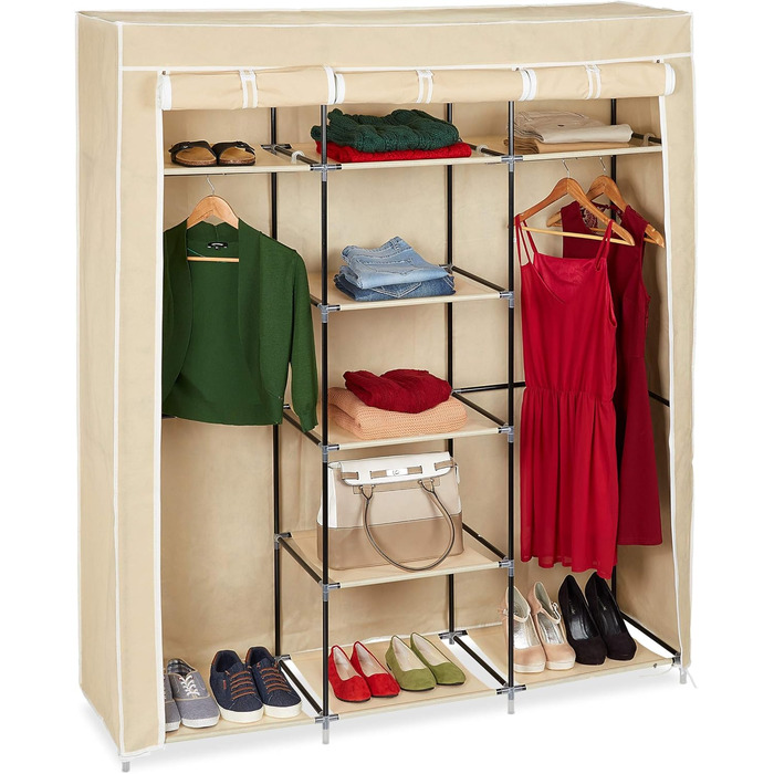 Relaxdays Fabric Clothes Closet, 9 Compartments, 2 Clothes Rails, HBT: 173 x 148 x 43 cm, Camping, Cellar, Folding Closet, Fabric, 10019122-139 (Beige)