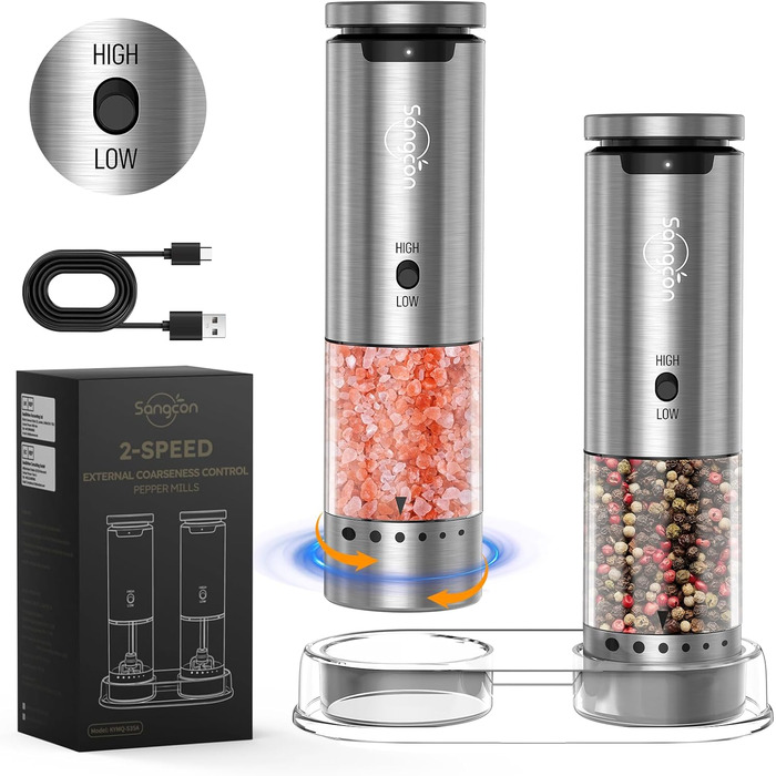 Sangcon Electric Salt and Pepper Grinder Set, 2 Speeds Rechargeable, 6 Externally Adjustable Grind Settings, Automatic Salt and Pepper Grinder Set with Storage Base, One-Hand Operation