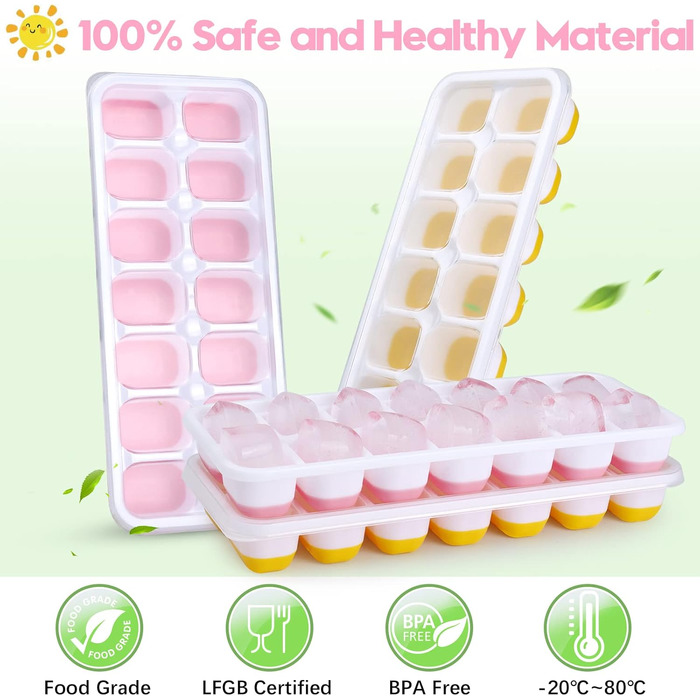 Силіконова форма для льоду з кришкою, BPA-free, набір 8 шт. Штабельний контейнер для кубиків льоду, сертифікат LFGB, для коктейлів, віскі та кави (2 рожеві + 2 жовті)