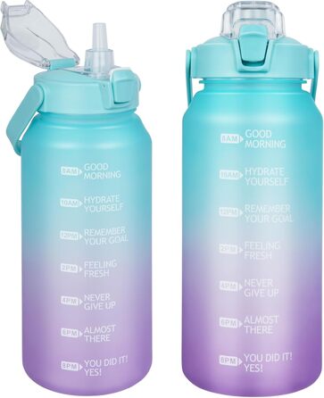 2L Tritan Water Bottle with Straw & Time Marker 2 liter BPA-free Motivational Water Bottle with Clock Large Sports Bottle for Gym, Fitness, Hiking (Cyan / Purple)