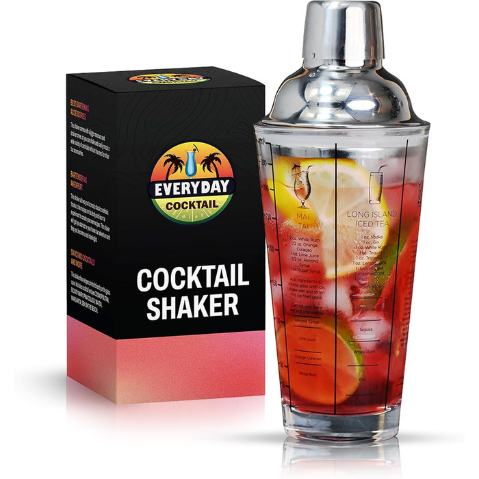 EVERYDAY COCKTAIL® Professional Glass Cocktail Shaker, 400 ml, Martini Shaker, Shaker with Recipes on the Side, Transparent Bar Shaker with Measurements, Integrated Strainer with Seal