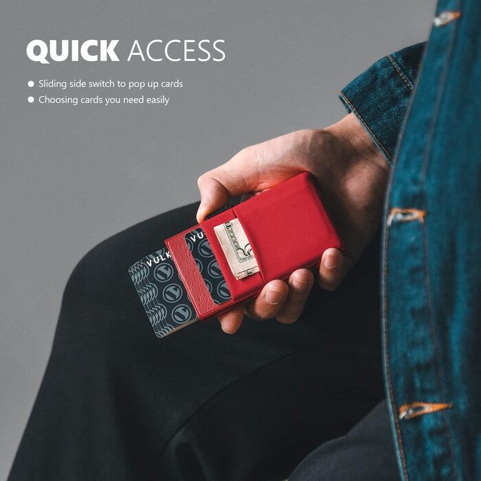 VULKIT RFID портмоне для кредитних карток з EDC-відсіками та вікном для посвідчення, тонкий металевий гаманець з Pop-Up механізмом, червоний