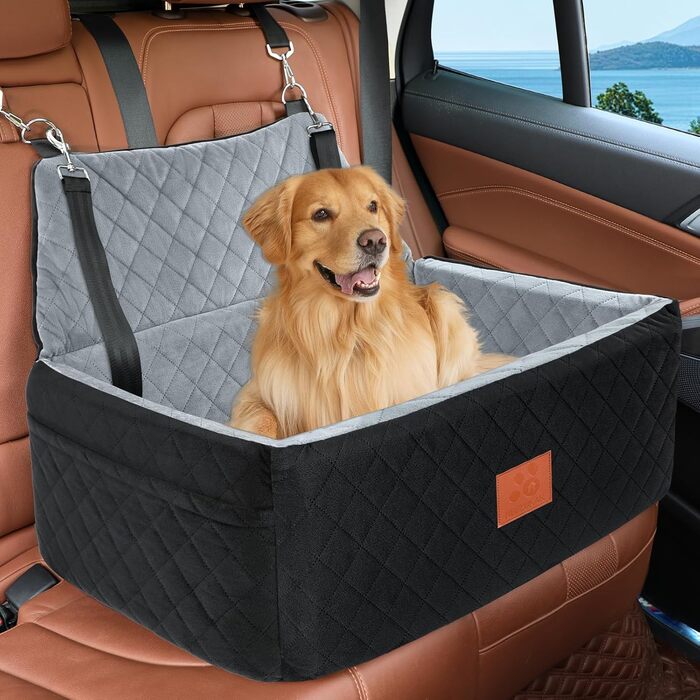 Автомобільний сидіння для собак великих та середніх порід, до 25 кг, з товстим килимком та 2 страхувальними ременями (Чорний+Сірий)