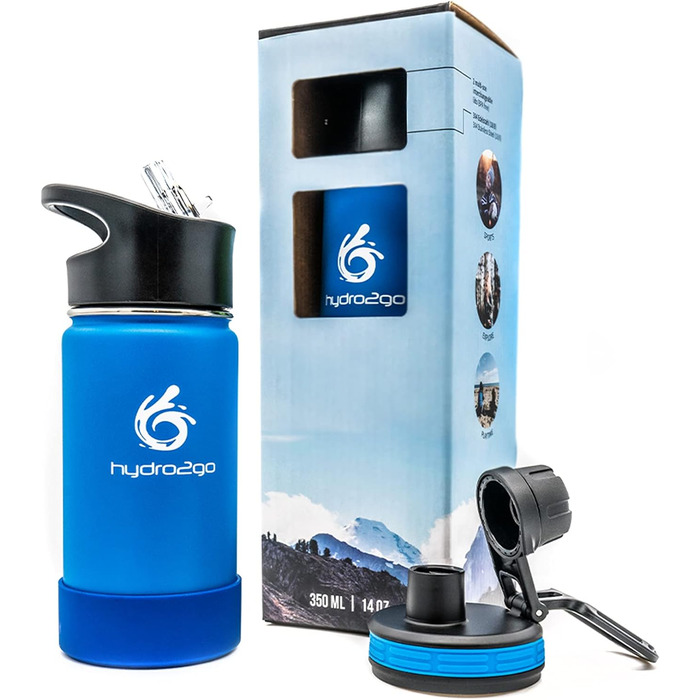 Stainless Steel Kids Water Bottle - BPA-Free Thermos Flask with 2 Leak-Proof Caps (Straw & Sport) - 350ml (Sky Blue)