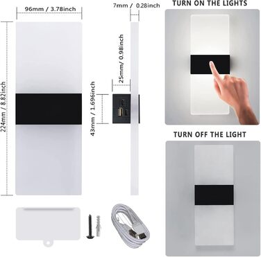 LED-стінна лампа VOMI з датчиком руху, акумуляторна, бездротова, USB-зарядка, 4000mAh, для коридору та сходищ, 2 білих світлодіода (сенсорне керування, 6000K)