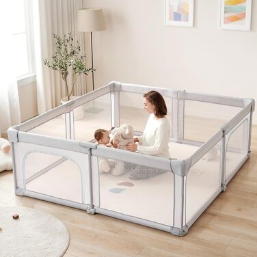 Doradotey playpen baby 150x150cm, foldable baby gate with breathable mesh, baby playpen with two zipper doors, stable grey children's playpen 150x150x68cm Grey