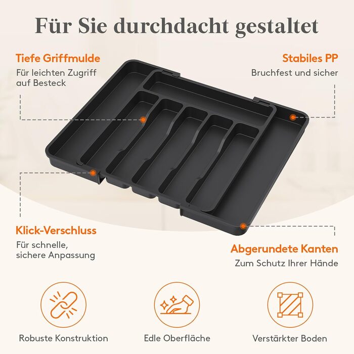 Органайзер для столових приборів Lifewit в шухляду, розсувний, чорний, 6-8 відділень, 35-49 см