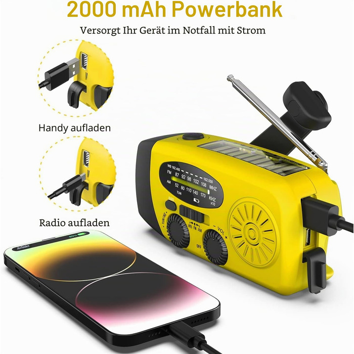 Радіо Solar Radio на сонячних батареях з ручним генератором, AM/FM, Powerbank 2000mAh, LED ліхтарик, USB зарядка для телефону - жовте