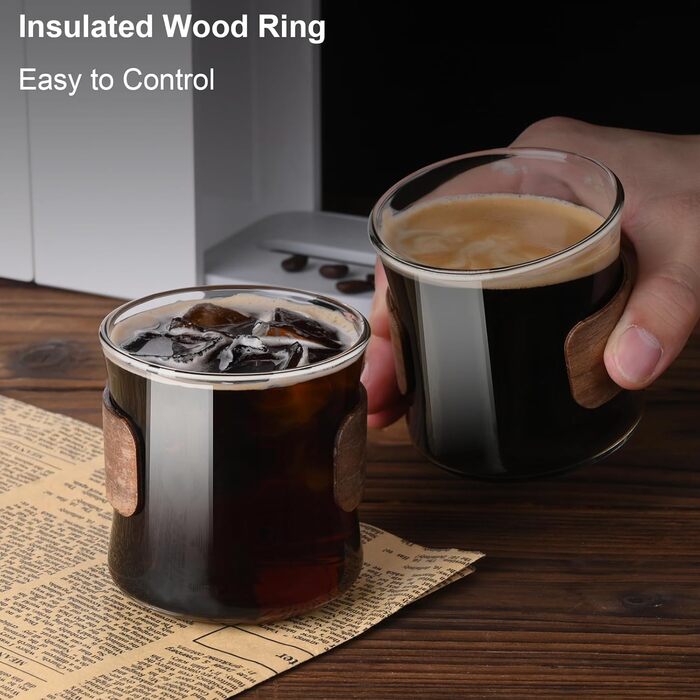 Набір чашок для еспресо ParaCity, 2 шт. з дерев'яним кільцем, склянка для еспресо та шнапсу з боросилікатного скла, прозора маленька чашка для еспресо, аксесуари для еспресо (240 мл)