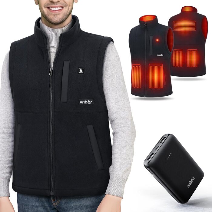 UNBON Грівальна жилетка для чоловіків, флісова жилетка з підігрівом, Powerbank 10000mAh, USB, 3 режими нагріву, 6 зон нагріву, чорний