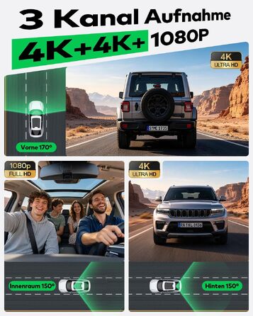 Автомобільний відеореєстратор 3-канальний 4K Ultra HD (передній, задній та салонний), модель D018, чорний
