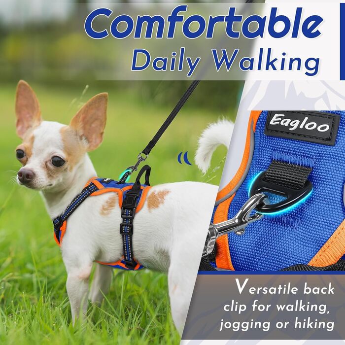 Шлейка для собак Eagloo великих порід, анти-тяга, з світловідбиваючими смугами, регульована, для Лабрадора, розмір L (XS, 1 шт., блакитний & оранжевий)
