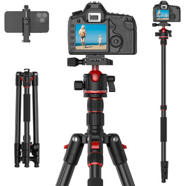 Штатив для камери XXZU 188 см, складаний, з кульковою головкою 360°, для DSLR, телефону, телескопа, чорно-червоний