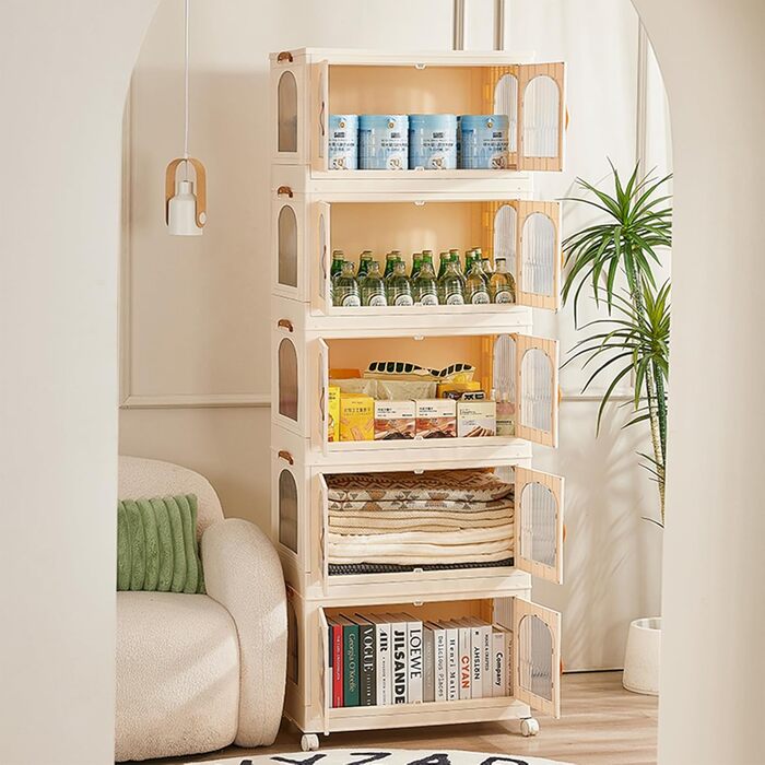 Foldable Kitchen Cabinet 98cm Storage Cabinet with 3 Doors and Wheels, Kitchen Cabinet for Living Room, Kitchen, Office, Large White