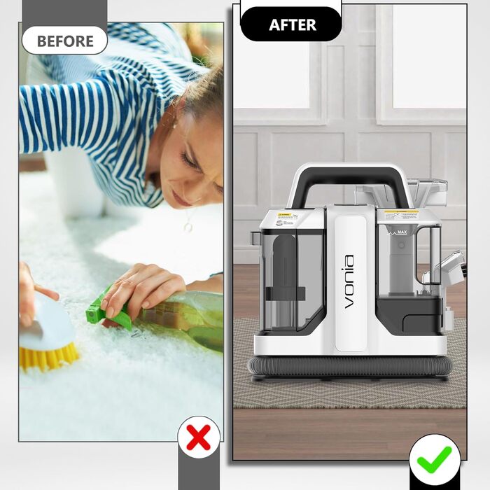 Мийний пилосос Vonia для килимів та м'яких меблів – потужний 450W, сила всмоктування 11 kPa, 2 насадки, шланг 1,2 м – ідеально для авто, диванів, килимів та м'яких меблів (білий)
