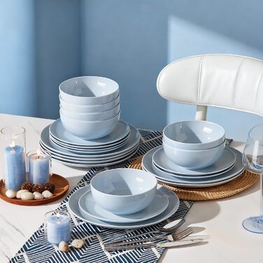 Набір посуду HIKAA на 6 осіб, 18-ти предметний сервіз з кісткового фарфору, комплект тарілок, безпечний для мікрохвильової печі та посудомийної машини, сервіз для дому, весілля, легкий та довговічний (блакитний)