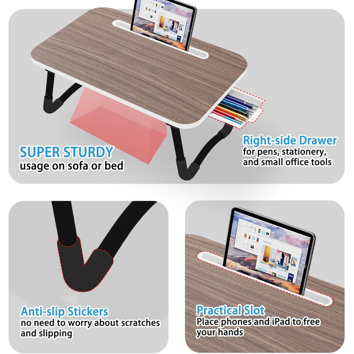 Стіл для ноутбука в ліжко, Laptoptisch для роботи та відпочинку, регульований піднос для ноутбука (48x30 см, коричневий)