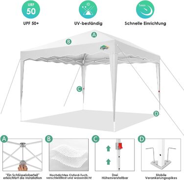COBIZI 3x3 Pavilion, Waterproof Folding Pavilion 3x3, Stable, 275 cm Party Tent UV Protection 50+ Folding Pavilion 3x3m with Waffle Pattern for Camping Beach Family Gatherings (White)