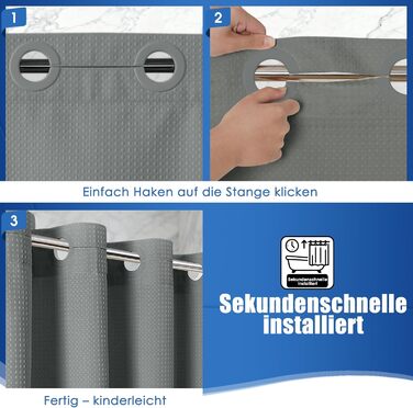 Водонепроникна штора для душу вафельна, 180x190 см, 260 GSM, сіра. Преміум-якість, анти-грибок, з металевими люверсами