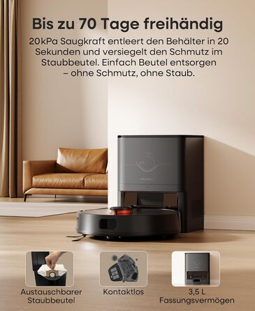 Робот-пилосос з функцією миття 5000Pa, з док-станцією 3.5L, час роботи 180 хв, LiDAR навігація, для шерсті тварин, килими, тверді підлоги, керування через додаток