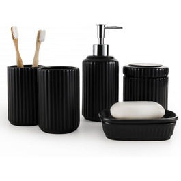 Набір для ванної кімнати NOVAJOY (5 шт.) з кераміки: органайзер, дозатор мила, мильниця, тримач для зубних щіток, контейнер для ватних паличок. Чорний колір.