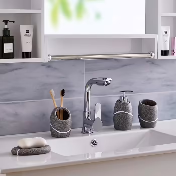 ZCCZ Bathroom Set – 4-Piece Organizer Set with Toothbrush Holder, Soap Dispenser, Cosmetic Tray, and Cotton Swab Holder – Elegant Stone-Look Decoration for Modern Bathrooms (Gray)