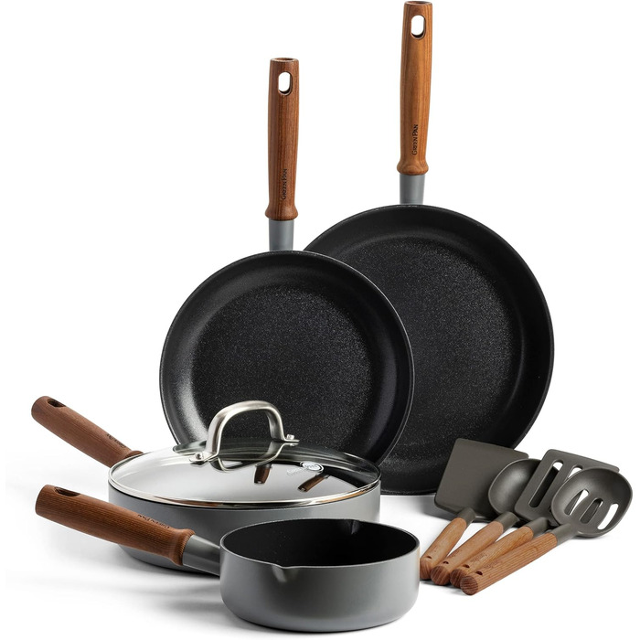 GreenPan Mayflower Pro Harteloxierte Healthy Ceramic Non-Stick, 9-Piece Cookware Set, with Frying Pan, Saucepan, Sauté Pan & Utensils, Vintage Wood Handle, PFAS-Free, Induction-Compatible, Charcoal Gray Cookware Set 9-Piece