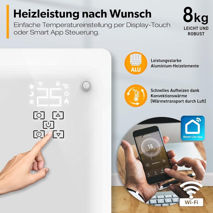 Конвектор TRESKO® 2000W з Wi-Fi, LED-дисплеєм та таймером | Електрична скляна панель опалення | Білий | 2000 Вт