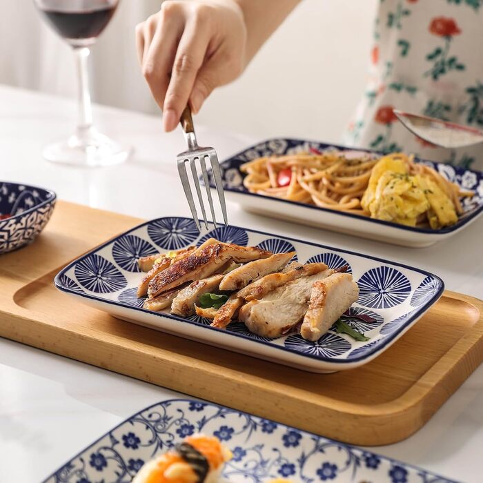 Набір сервірувальних тарілок Selamica Keramik, прямокутні, 4 шт, 24 см, для закусок, суші, фруктів, вінтажний блакитний колір