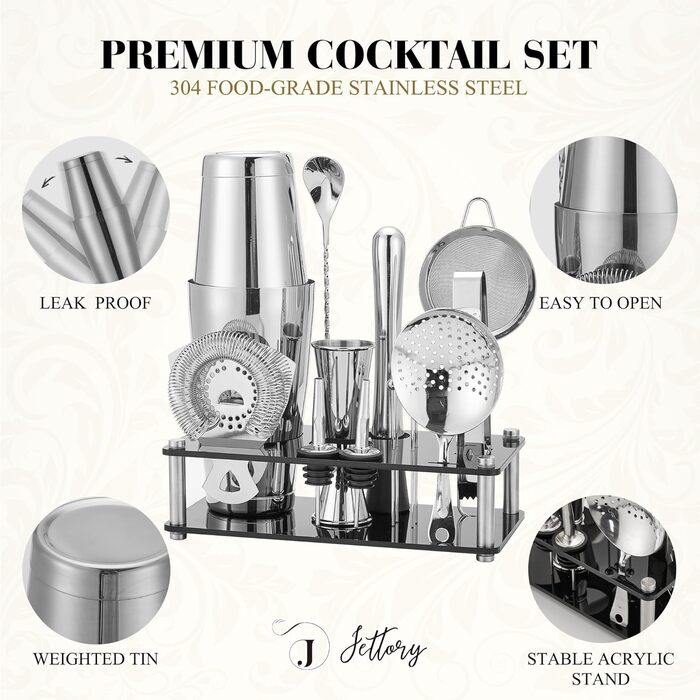 Набір шейкерів Boston - 16 предметів, нержавіюча сталь, акрилова основа, набір для приготування коктейлів