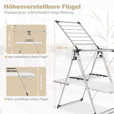Сушарка для білизни COSTWAY розкладна, з висувними секціями, регульована по висоті з крилами та полицею для взуття, сушильний стійка-вежа для дому та вулиці (оновлена версія) з сітчастою тканиною