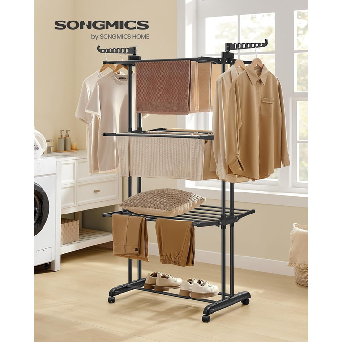 SONGMICS Сушарка для білизни на коліщатках, 4 яруси, чорна, 63.5 x 125.5 x 173 см, LLR703G01