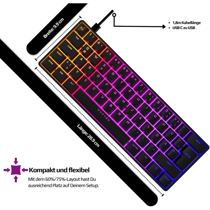 Механічна ігрова клавіатура Nyfter NYFBOARD GEN2 60% Black - Gateron Yellow, Hot-Swappable, RGB, ISO DE Layout