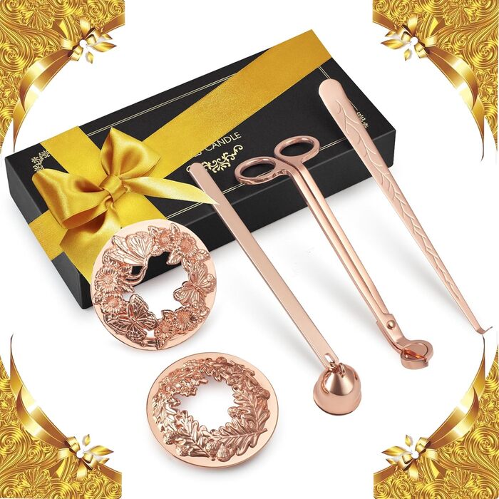 DORAFO Candle Accessory Set, 5-in-1 Stainless Steel Candle Care Set, including Candle Snuffer, Wick Trimmer, Wick Spoon, and 2 Lid Candle Holders with Gift Package (Rose Gold)