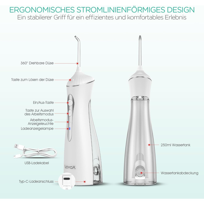 Електрична іригатор VOYOR-HEALTH Munddusche WF400: 3 режими, 4 насадки, водонепроникний, для догляду за зубами та яснами