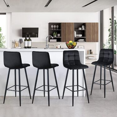 Velvet Bar Stools Set of 2 with Backrest - 66cm Seat Height - Black Kitchen Bar Stools for Countertops