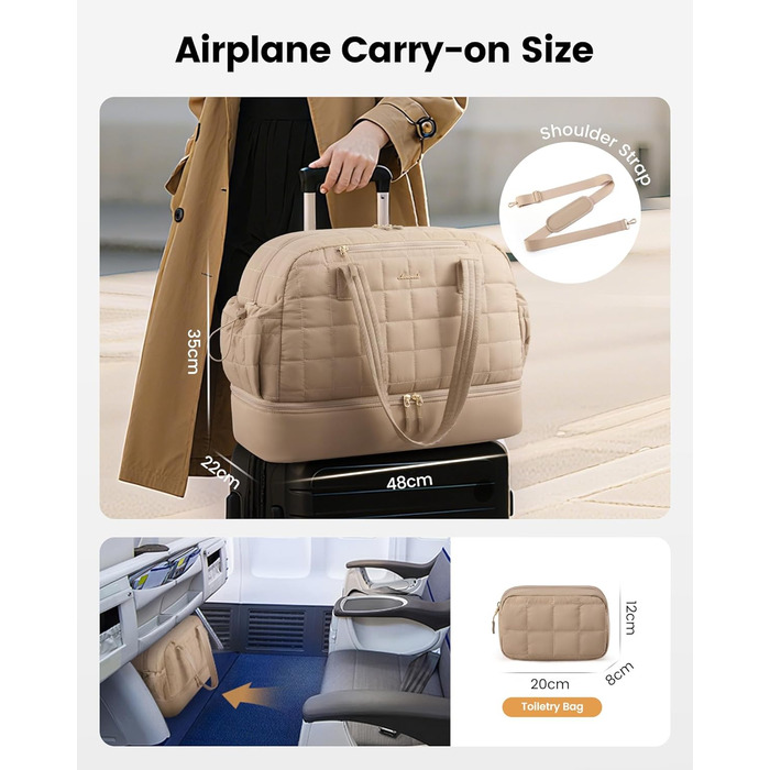 Сумка-мішок LOVEVOOK для подорожей, 35L: спортивна, для фітнесу, з відділенням для взуття та мокрих речей, ручна поклажа, для подорожей, відпустки, сірий+бежевий