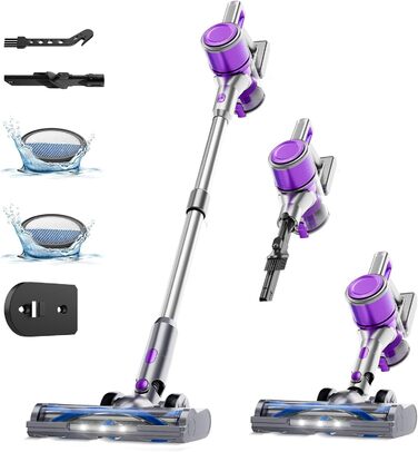 Бездротовий акумуляторний пилосос 35KPA/45Mins з LED-підсвічуванням, HEPA-фільтром та насадкою для підлоги, для тварин, килимів та твердих поверхонь, фіолетовий