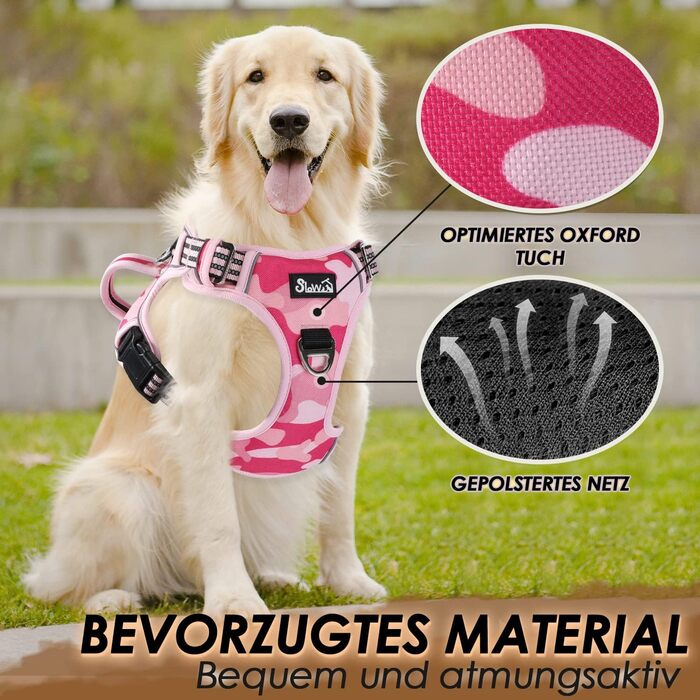 Нашийник для собак великих порід, шлейка з двома карабінами та зручною ручкою, регульована та світловідбиваюча, для щоденних тренувань (L), камуфляж рожевий