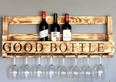 Wooden Wall-Mounted Wine Rack - with Glass Holder and VINO Sign - Flamed - Fully Assembled - Shelf for Wine Bottles and Glasses (Brown / Flamed (with Black Good Bottle Sign))